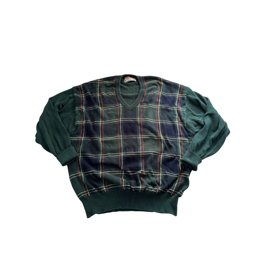Vintage J. McInerney 100% Cotton Green Knit Plaid Golf Sweater 112/44 Scotland
